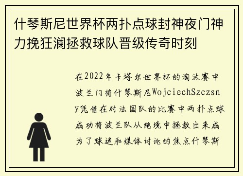 什琴斯尼世界杯两扑点球封神夜门神力挽狂澜拯救球队晋级传奇时刻