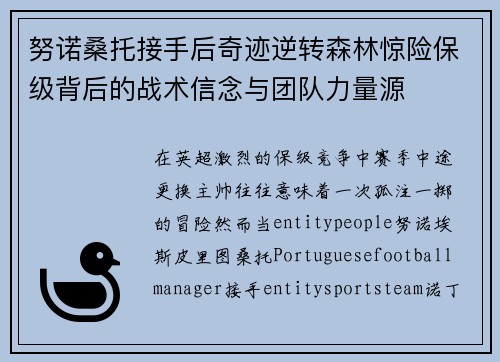 努诺桑托接手后奇迹逆转森林惊险保级背后的战术信念与团队力量源 努诺桑托接手后奇迹逆转森林惊险保级背后的战术信念与团队力量源