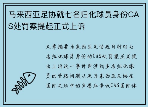 马来西亚足协就七名归化球员身份CAS处罚案提起正式上诉 马来西亚足协就七名归化球员身份CAS处罚案提起正式上诉