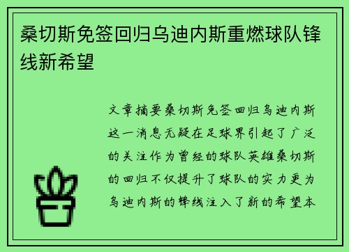 桑切斯免签回归乌迪内斯重燃球队锋线新希望